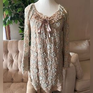 O2 Collection Ladies Size SM Blue Beige Dress Lace Detail Bohemian Cottage Dress